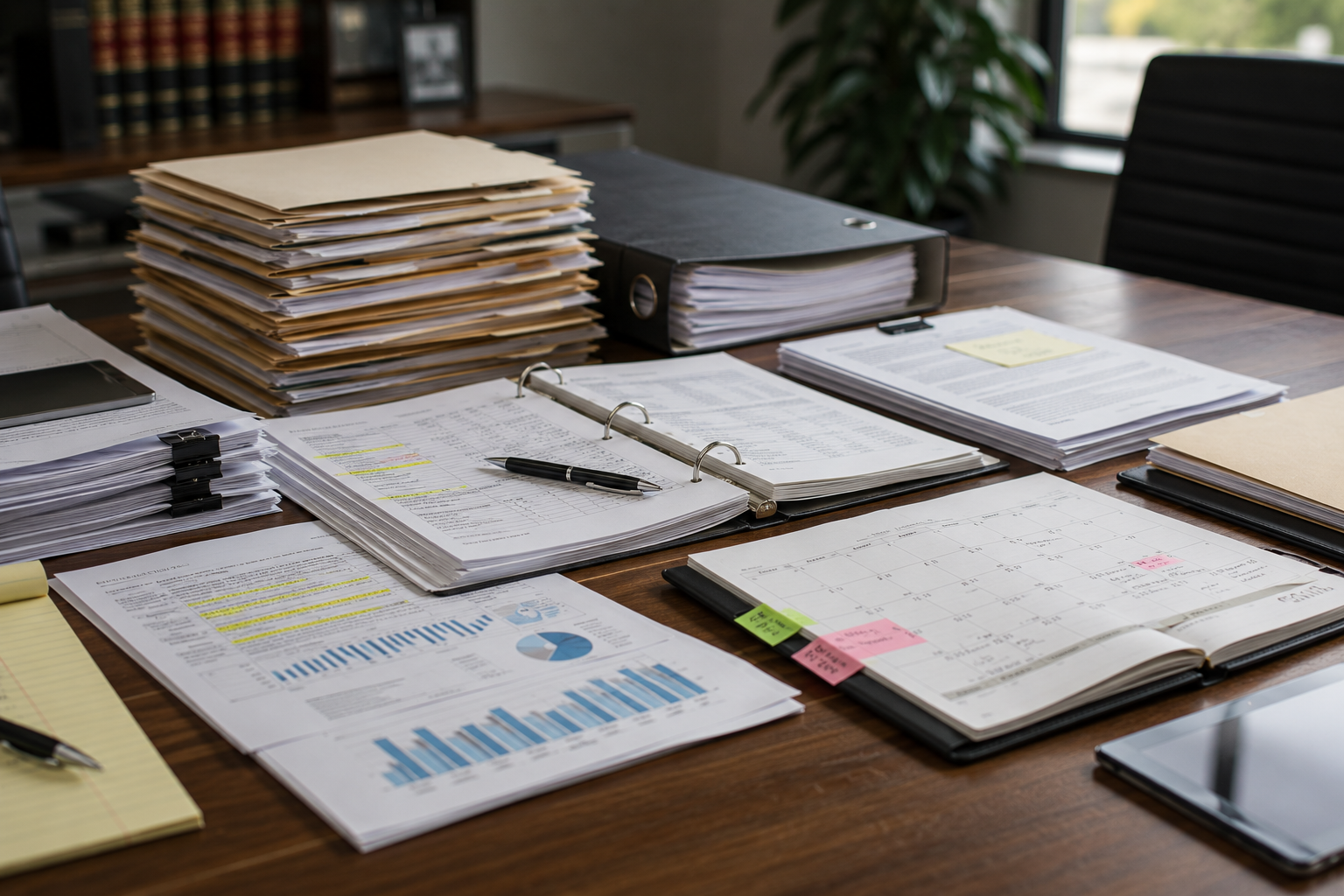 Organized legal documents and family records used in divorce court
