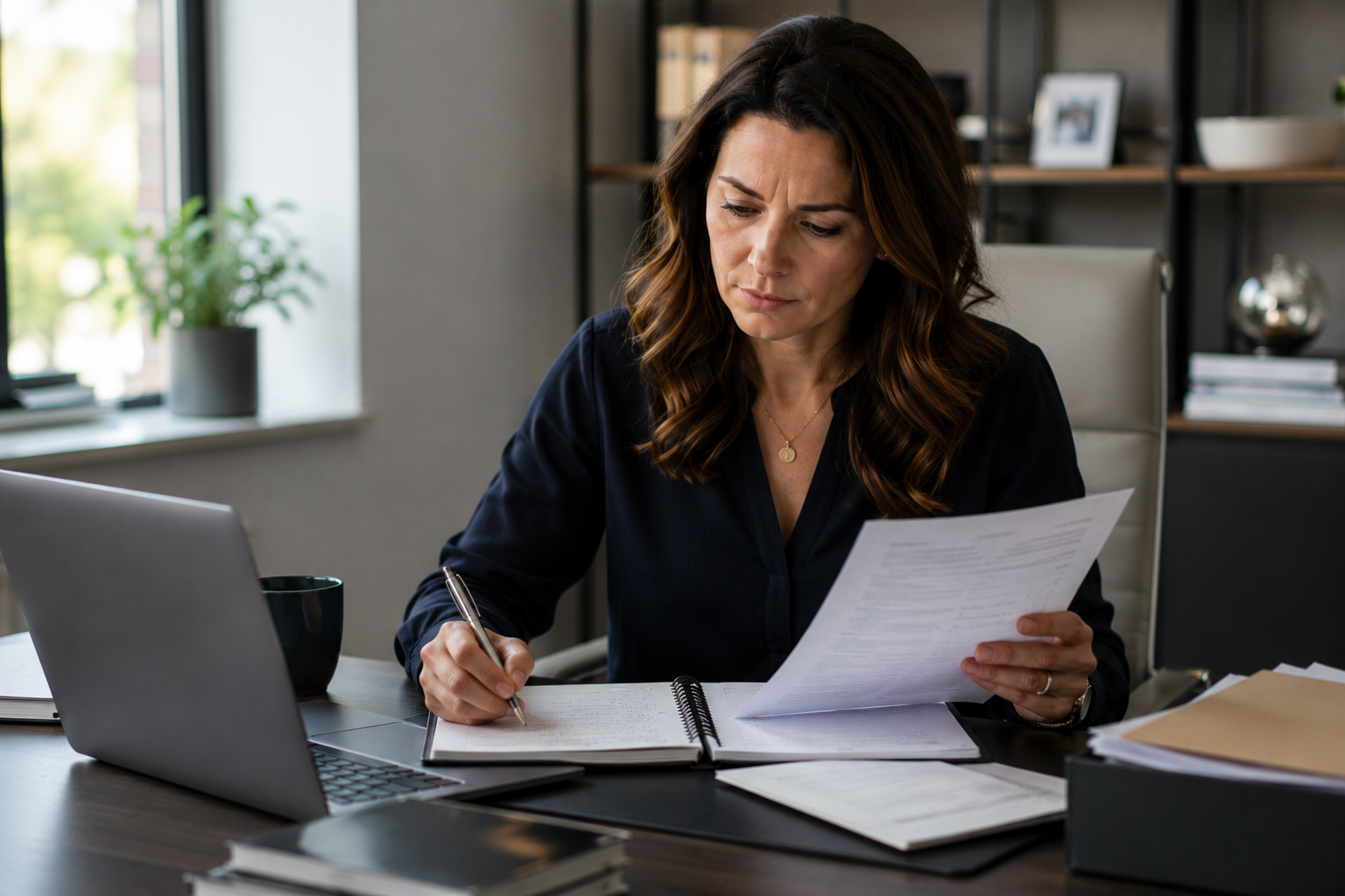 Confident woman organizing emotional abuse evidence for divorce