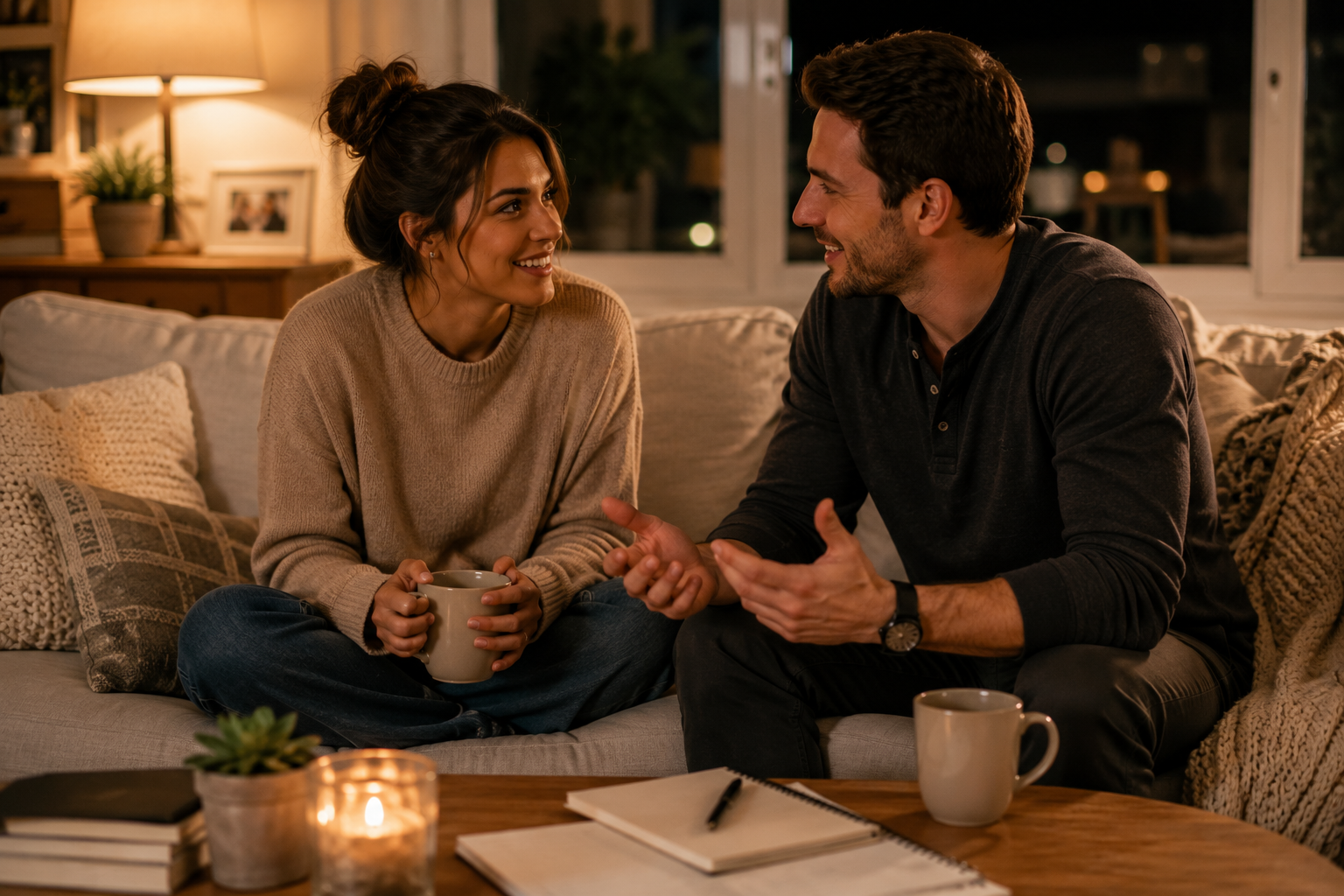 Couple having a calm and honest conversation about finances before marriage