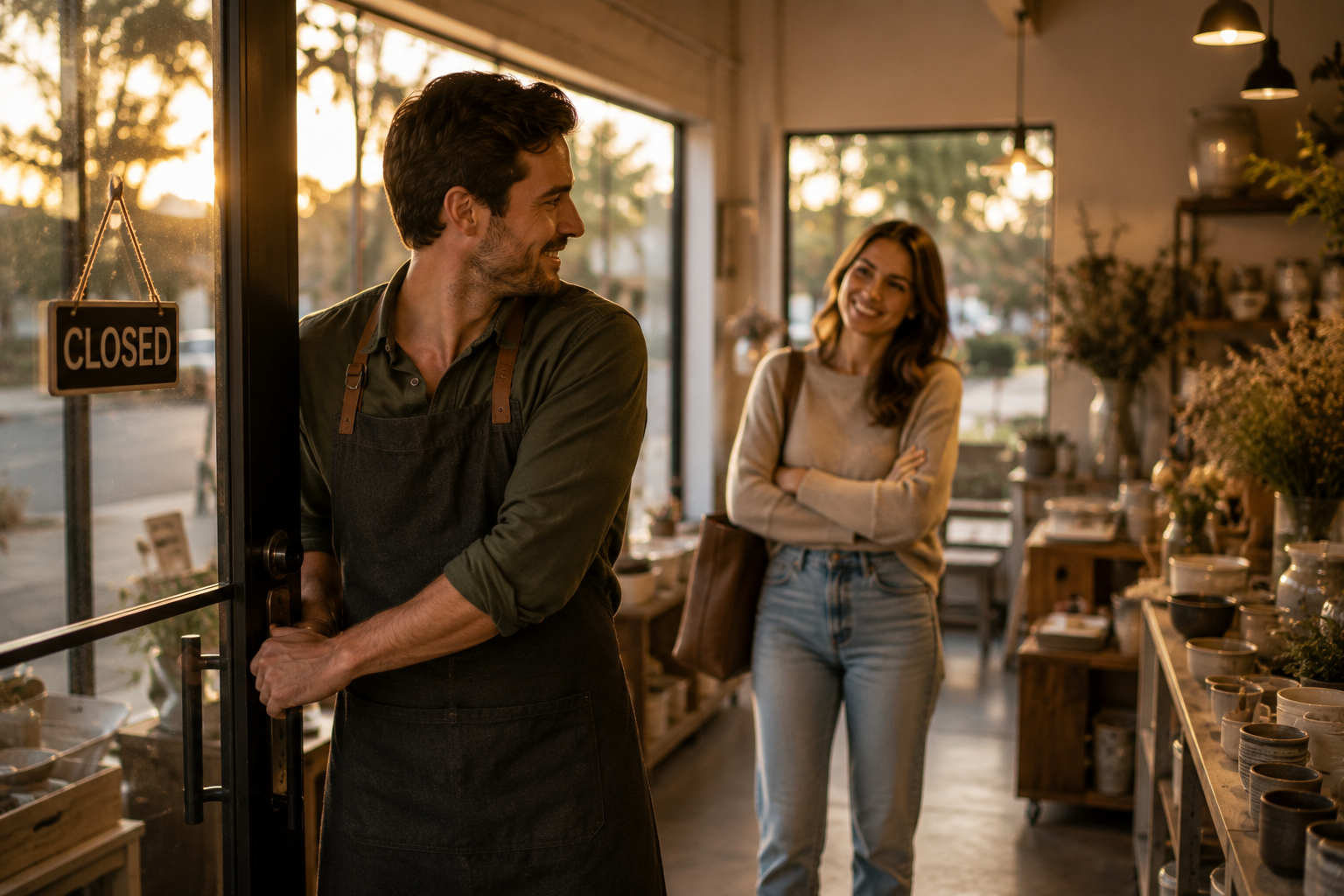 Business owner and partner discussing how a prenup can protect separate property before marriage