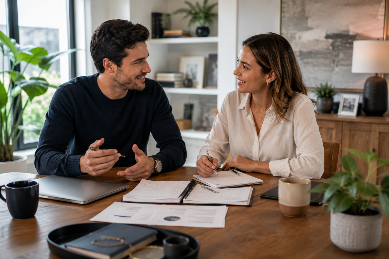 Engaged couple discussing financial expectations as equal partners before marriage