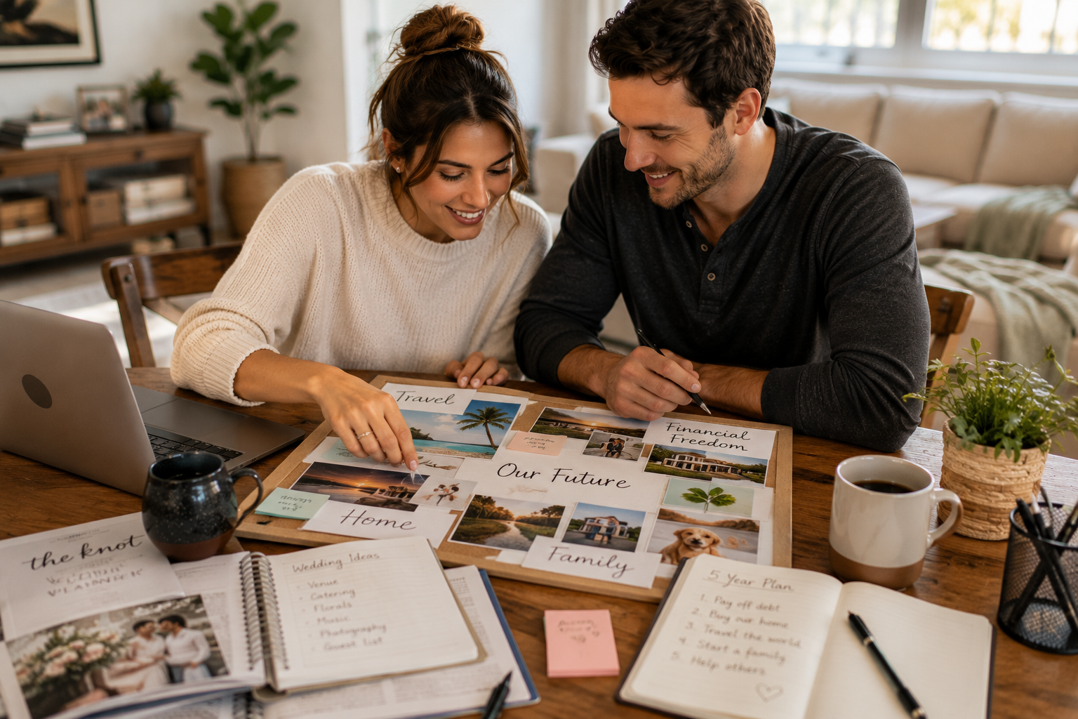 Engaged couple planning long-term financial goals beyond the wedding day