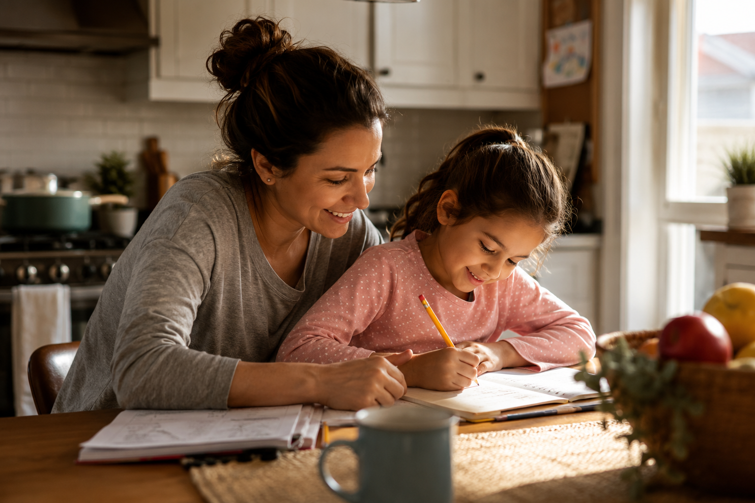 Parent helping child with homework while adjusting to life after divorce