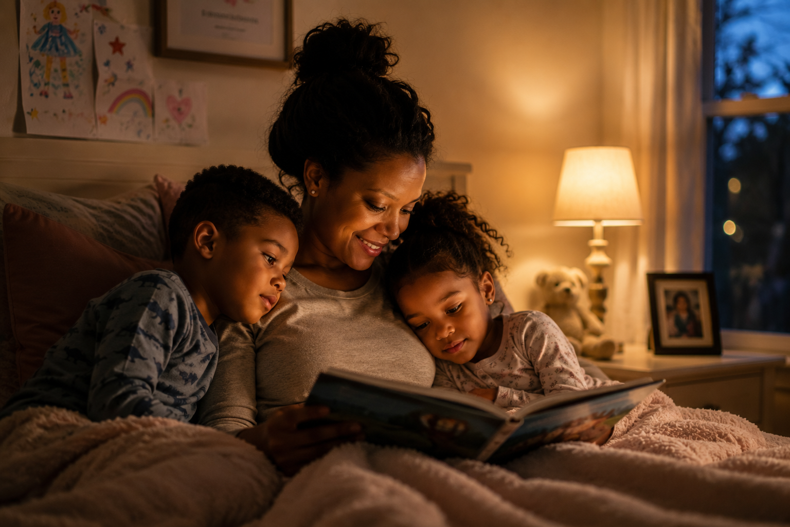 Parent reading with children during a stable evening routine after divorce