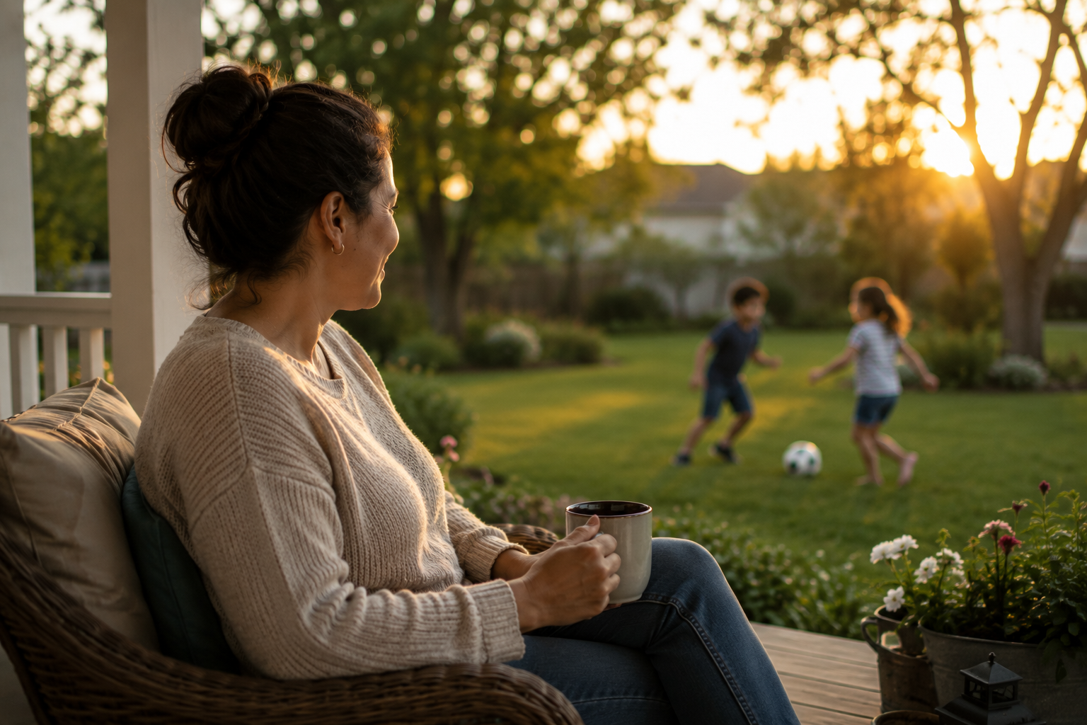 Parent finding quiet peace while children play safely after divorce