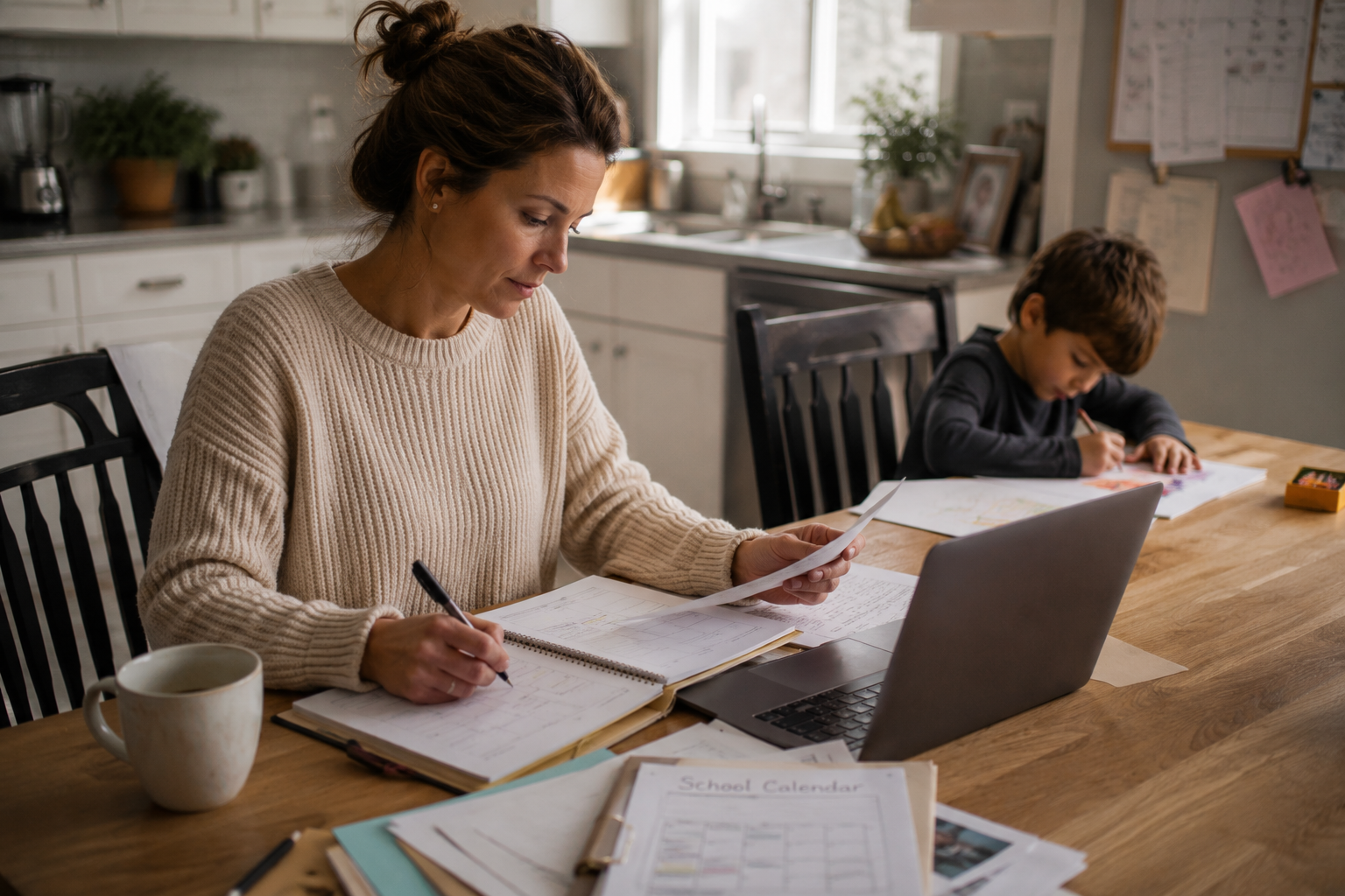 Parent organizing a family calendar while a child colors nearby