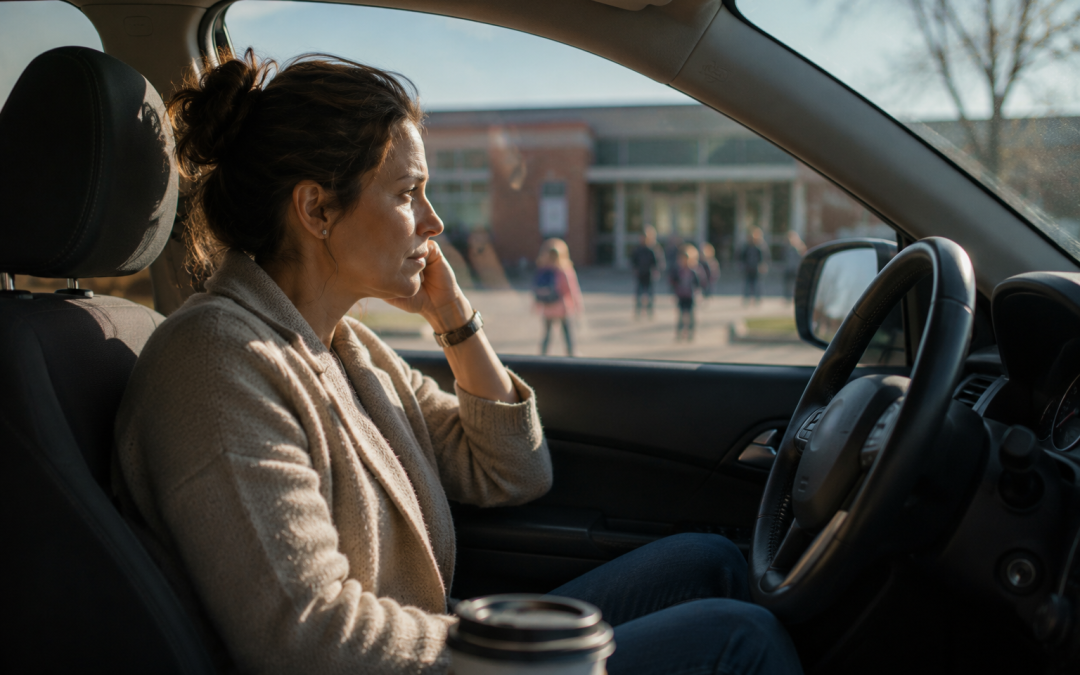 Woman sits in car in daytime, resting her chin on her hand and gazing outside at people near a school or storefront, with a coffee cup in view.