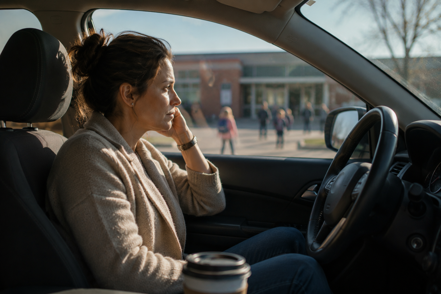 Parent sitting in a parked car outside school considering parenting schedule decisions