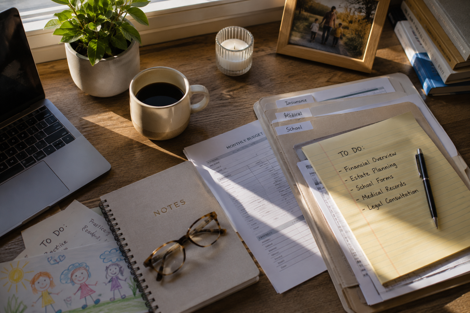 Organized parenting plan documents on a home desk