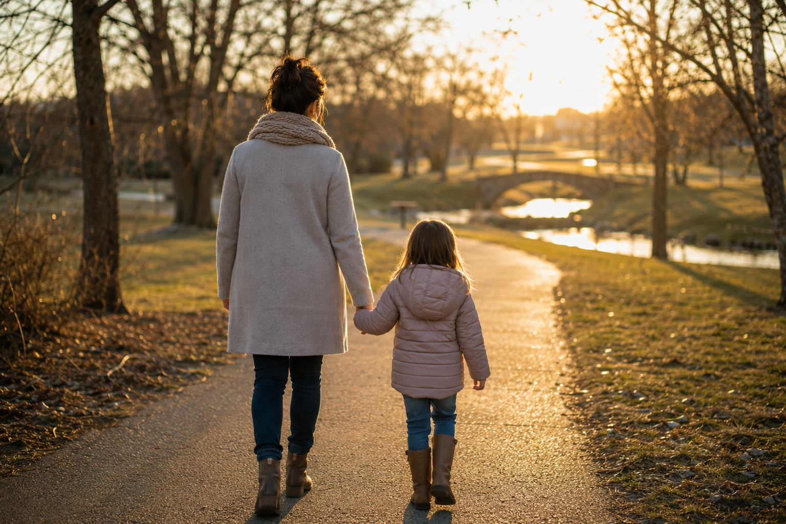 Parent and child walking together representing family stability after divorce
