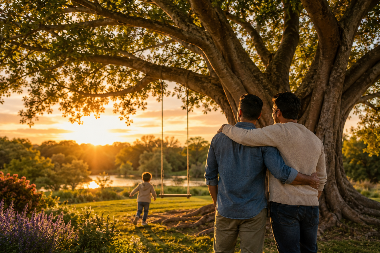 LGBTQ family under a strong tree symbolizing protection and continuity