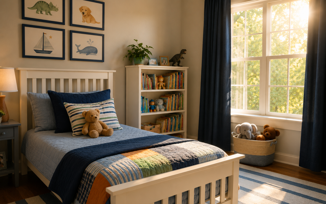 Cozy children’s bedroom with a white bed, blue quilt, striped pillow and teddy bear; framed animal art above and a bookshelf filled with toys and books nearby.