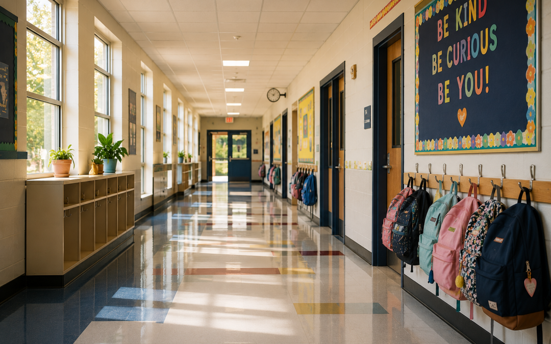 School hallway with lockers and backpack hooks along the right wall, potted plants on the left, and a bulletin board reading 'Be Kind, Be Curious, Be You!'