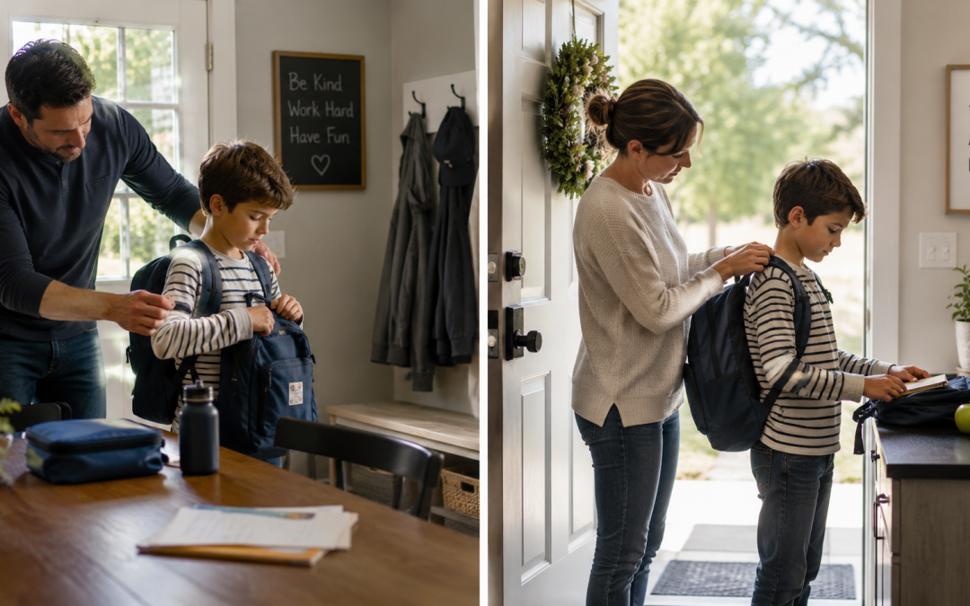 Father helps his son adjust a blue backpack at a kitchen table; a chalkboard with a kindness quote is on the wall.