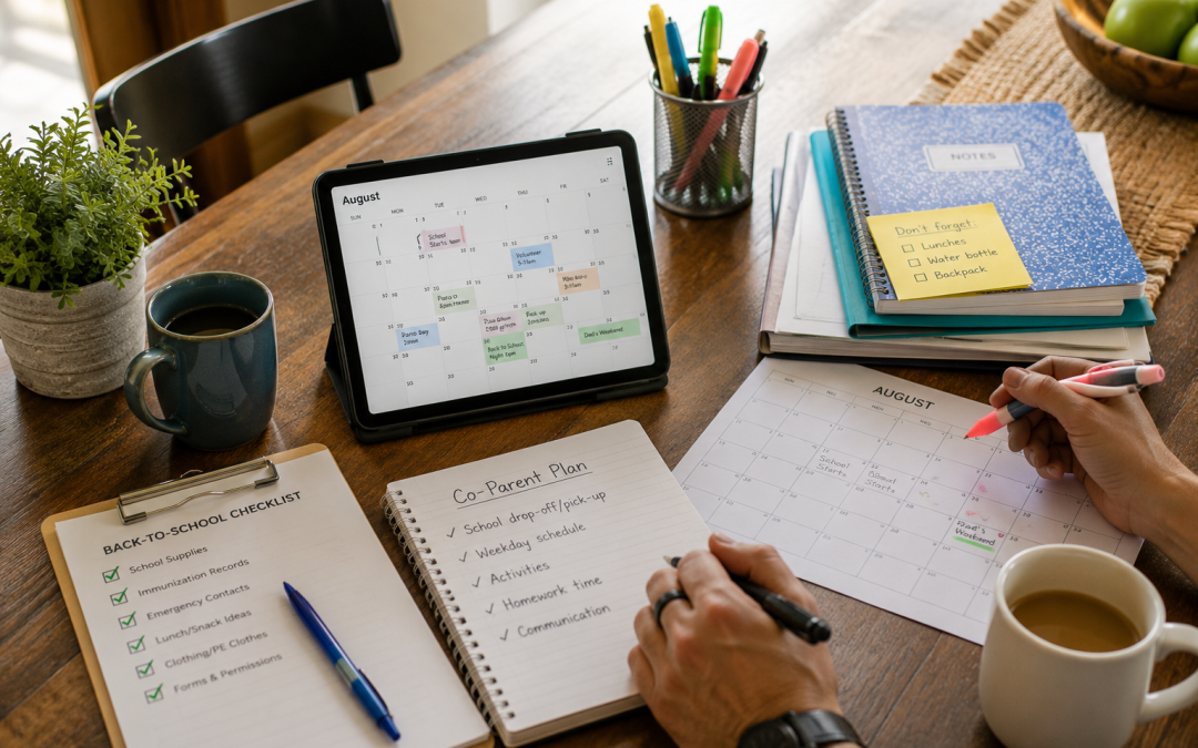 Person writing in a planner at a wooden table with a calendar displayed on a tablet, plus plant, mug, and pens nearby.