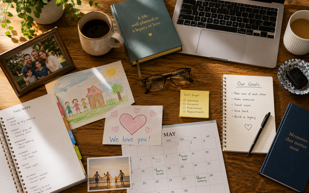 A cluttered wooden desk with a family photo frame, a coffee mug, a drawing of a house and sun, and a calendar for May on a laptop-filled workspace.