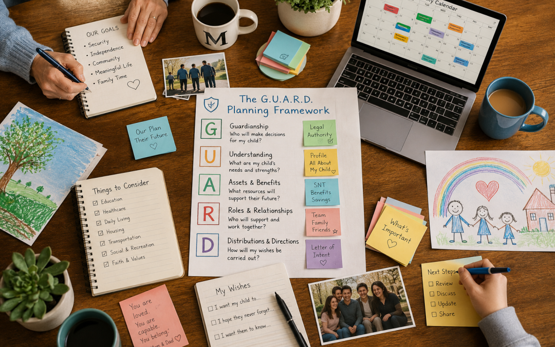 Overhead view of a planning desk with a poster titled 'The G.U.A.R.D. Planning Framework', notebooks, sticky notes, photos, and a laptop calendar.