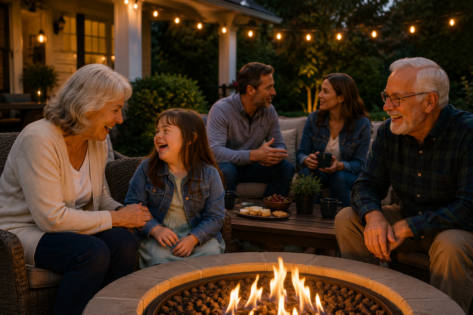 Family members discussing long-term support roles around a table in a calm home setting