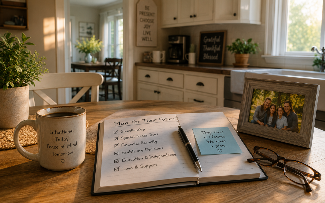 Cozy kitchen scene with a desk notebook open to a future plan checklist, pen nearby, a mug with an inspirational message, a sticky note, glasses, a framed family photo, and a potted plant on a wooden table.