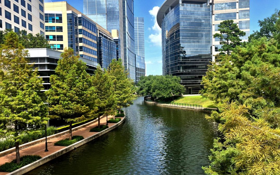 Promenade along a canal with tall glass office buildings and green trees on a sunny day.