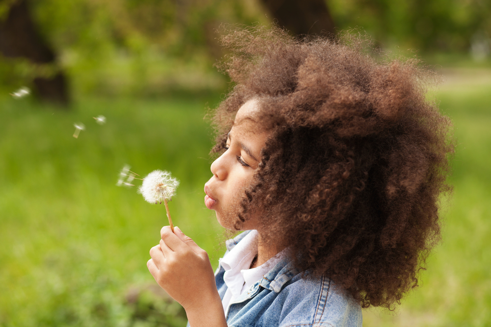 Child blowing on a dandelion, releasing fluffy seeds outdoors in a green park setting.