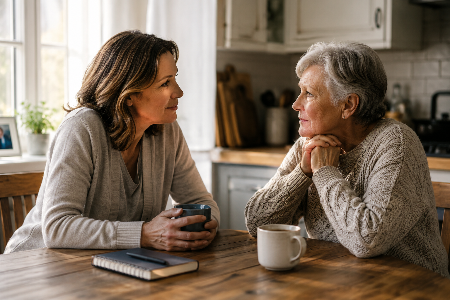 Adult daughter having a calm conversation with her aging mother about future care