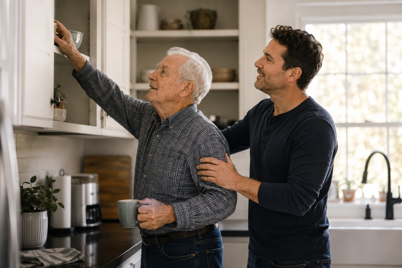 Adult son helping his aging father while preserving his independence at home