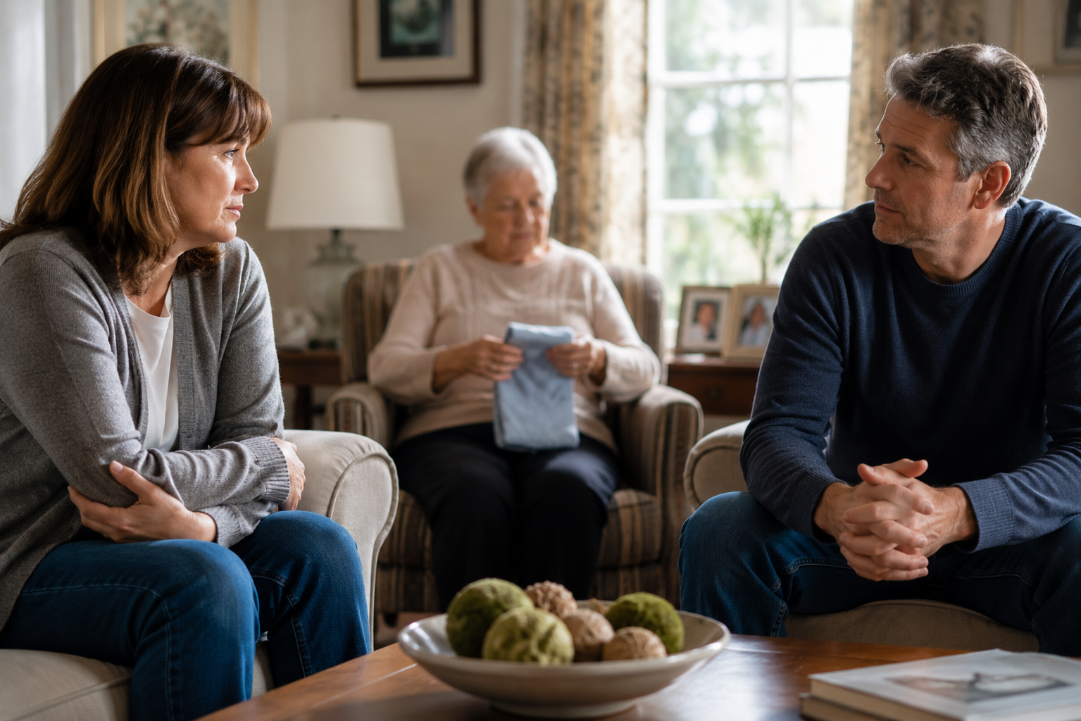 Adult siblings discussing an aging parent’s care while their mother remains part of the family setting