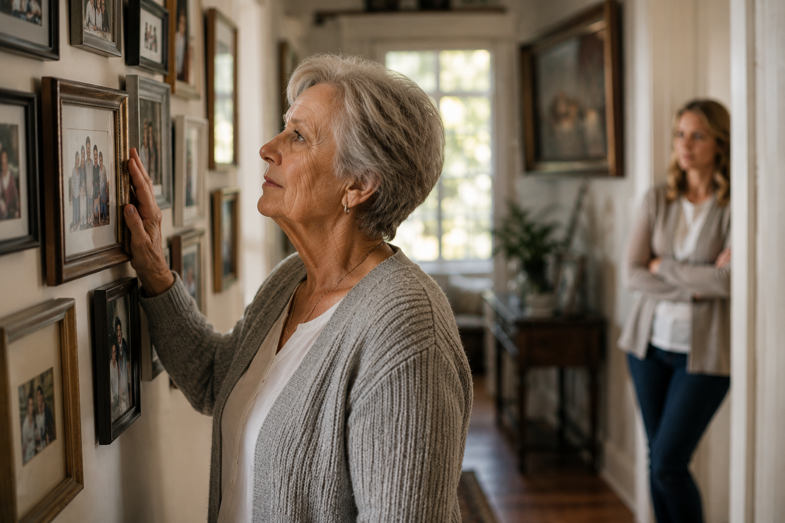 Older woman reflecting on family memories while her adult daughter remains nearby
