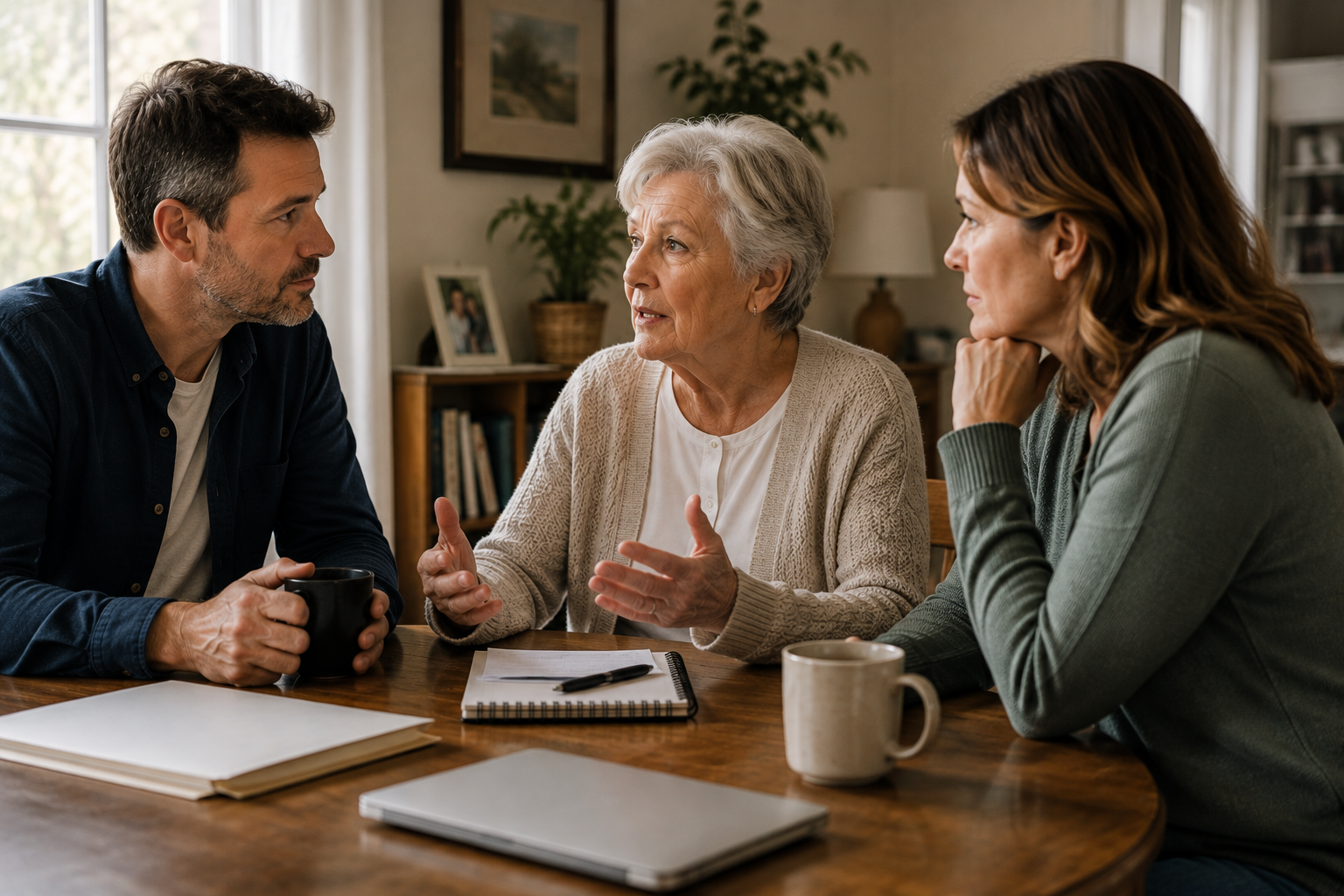 Family discussing aging parent care decisions together around a kitchen table