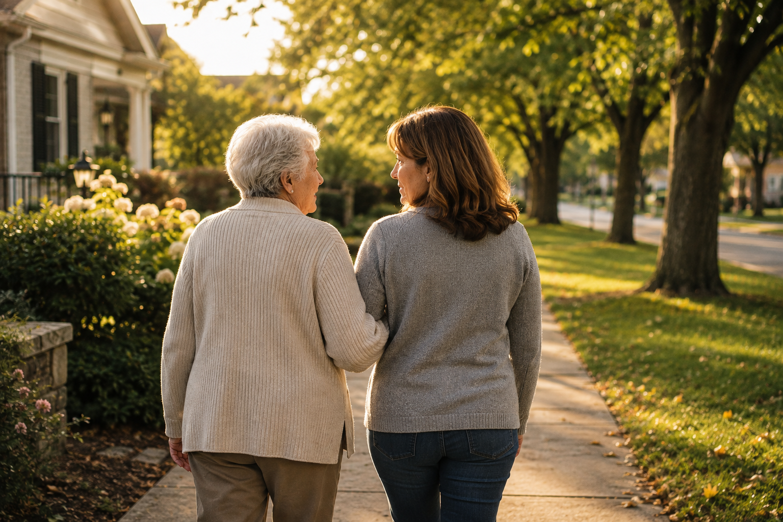 Older mother and adult daughter walking together through a peaceful neighborhood