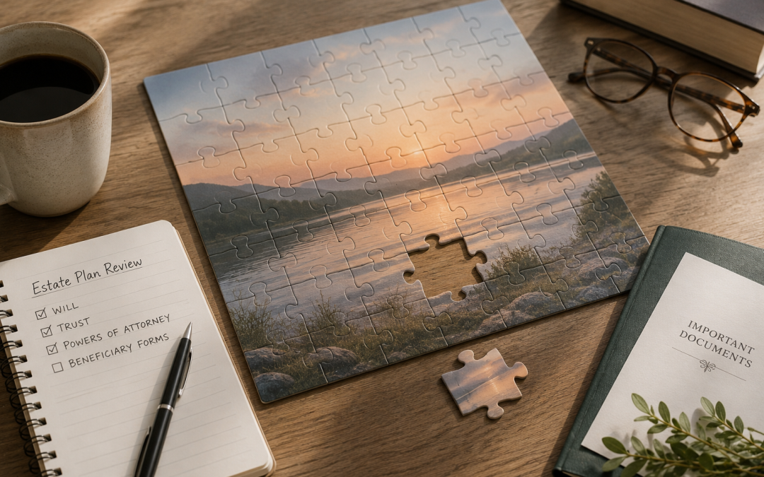 A completed jigsaw puzzle of a sunset over a lake with one missing piece on a wooden desk, nearby a coffee mug and glasses.