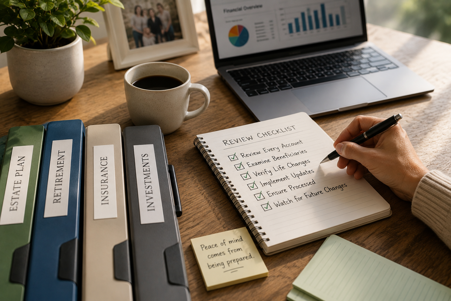 Step-by-step beneficiary review checklist beside financial documents