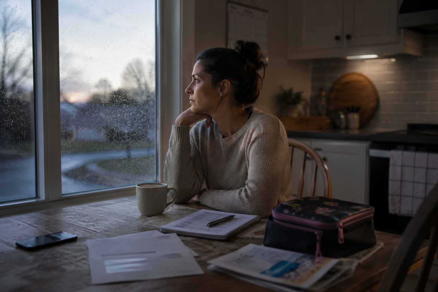 Parent thoughtfully preparing a safe next step for herself and her children