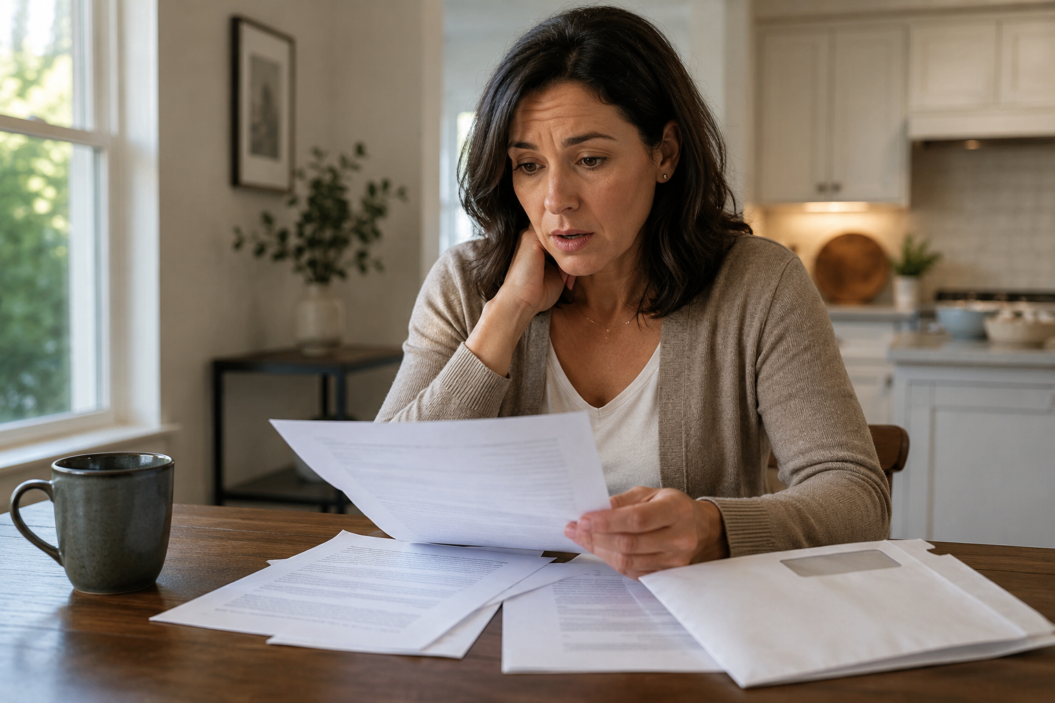 Woman reviewing divorce papers at her kitchen table after being served