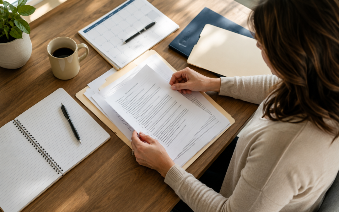 Person seated at a wooden desk reviewing printed documents, with a pen, coffee mug, notebook, calendar, and a plant nearby.