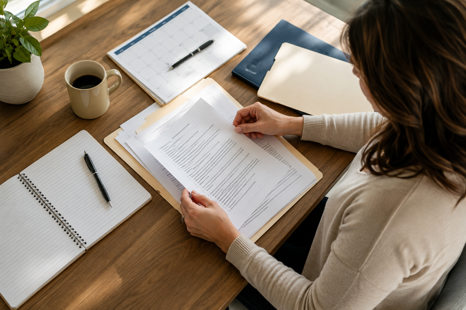 Woman organizing divorce documents, a calendar, and notes at a desk
