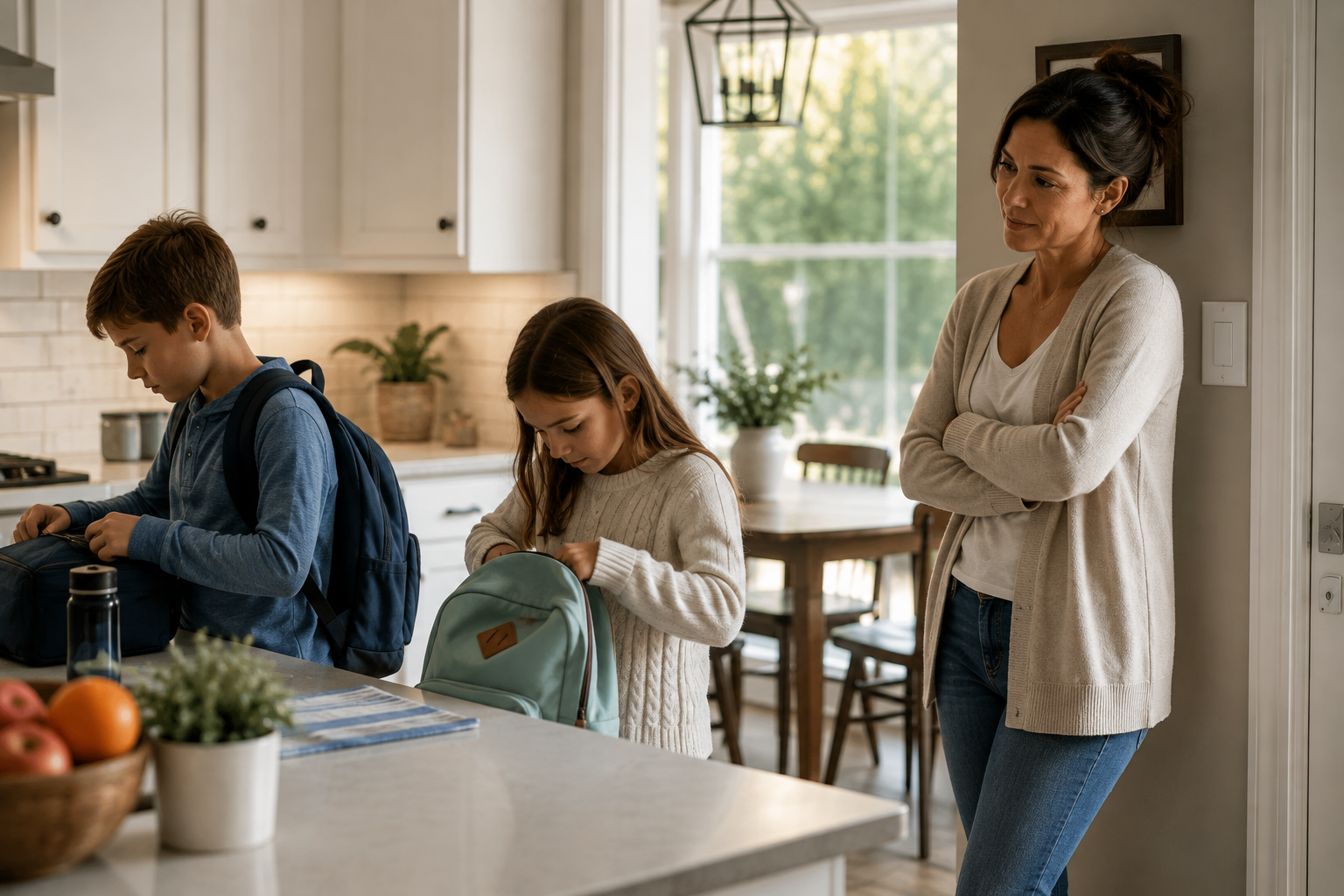 Mother watching her children prepare for school while considering family stability