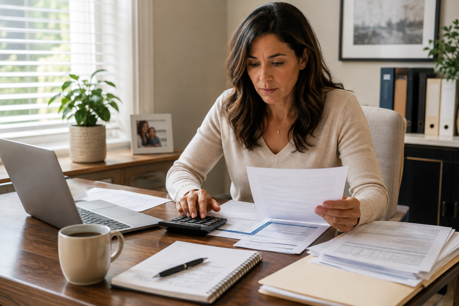 Woman reviewing household finances and organizing records after divorce papers were filed
