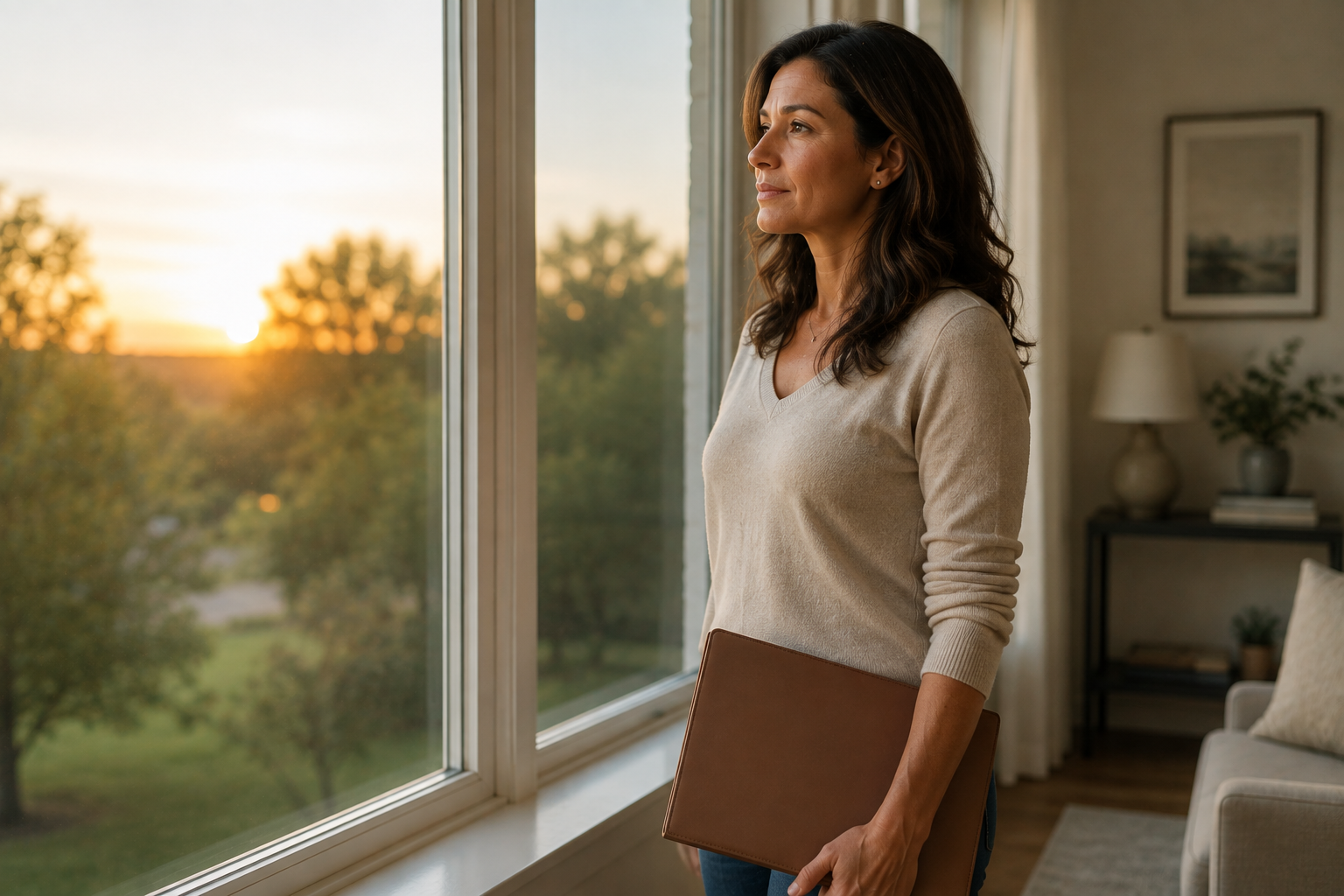Woman standing calmly by a window after organizing her next steps