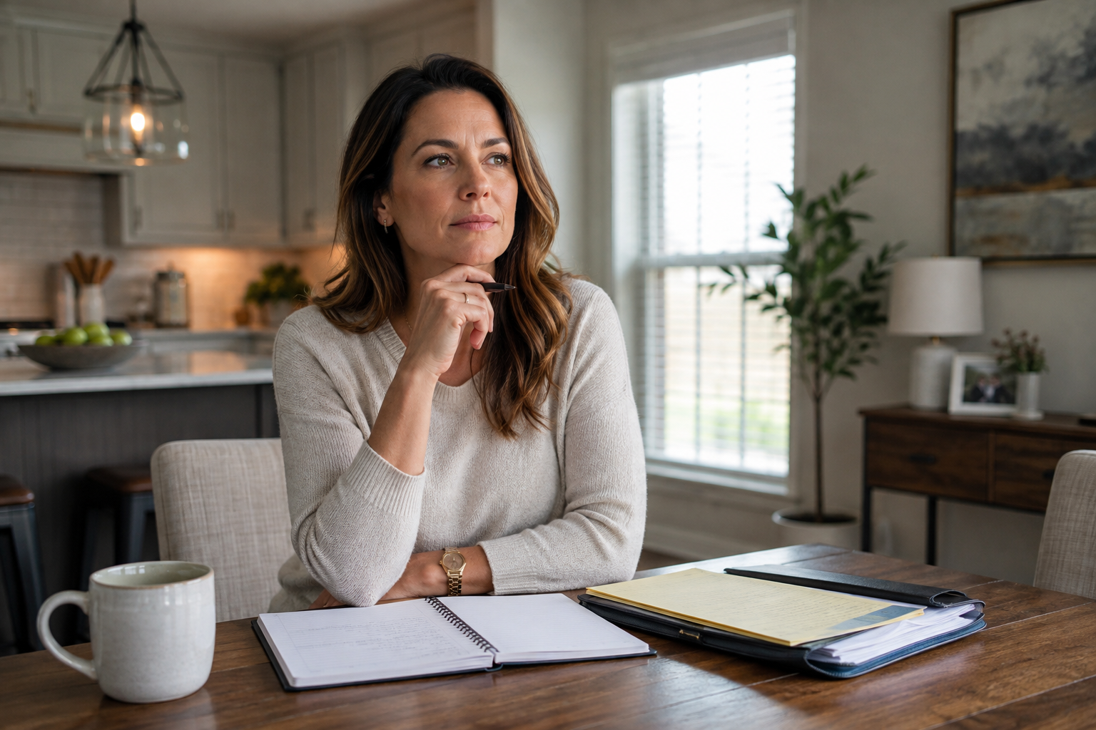 Woman thoughtfully organizing her plans during divorce