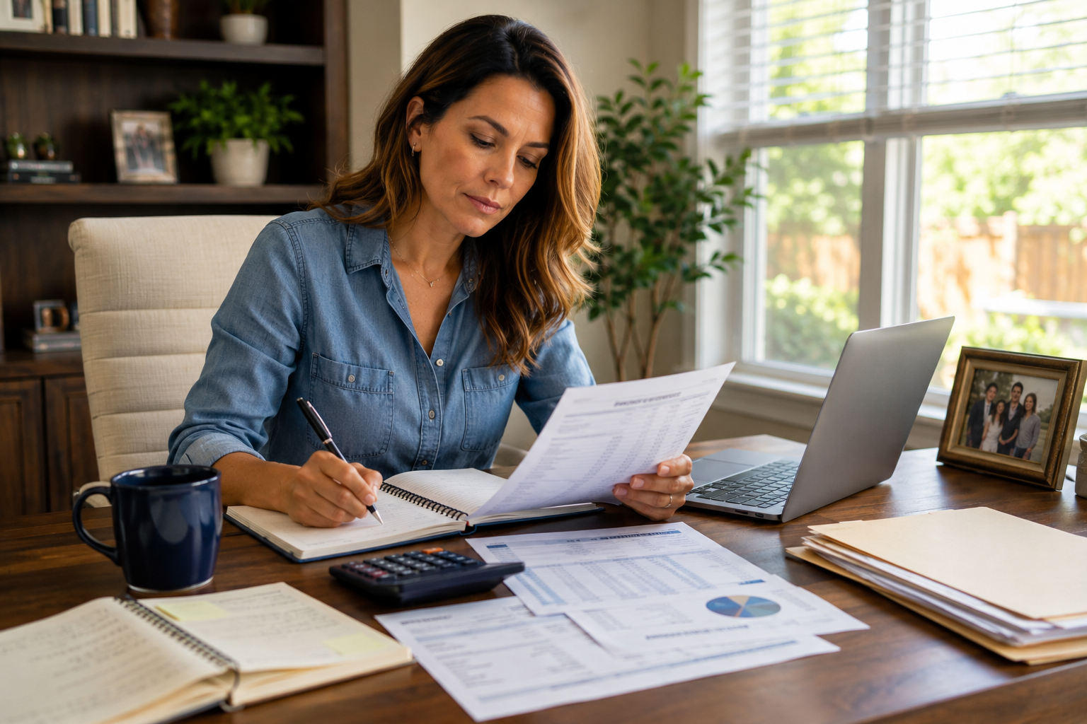 Woman reviewing household financial records during divorce