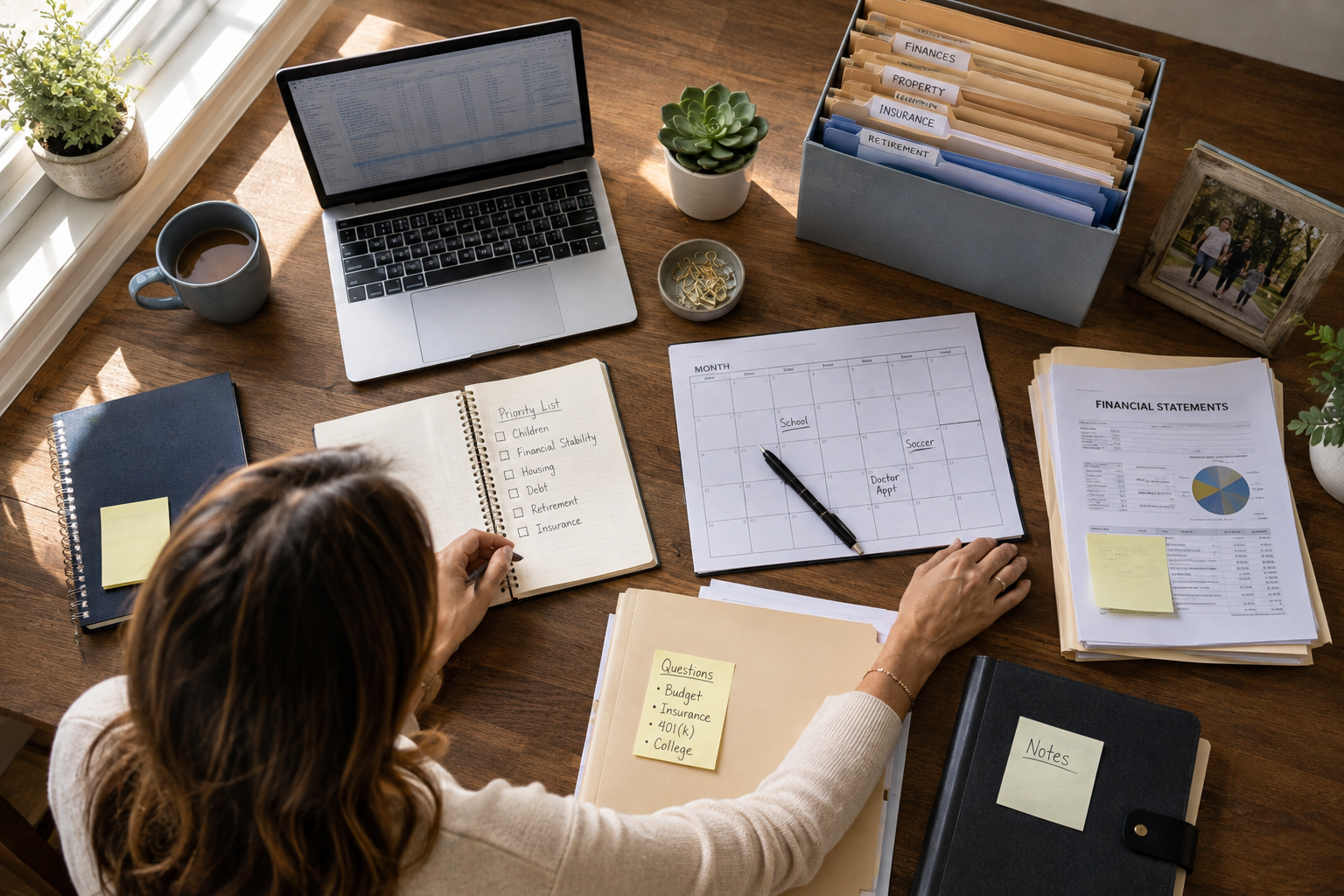 Organized divorce planning workspace with financial and family information