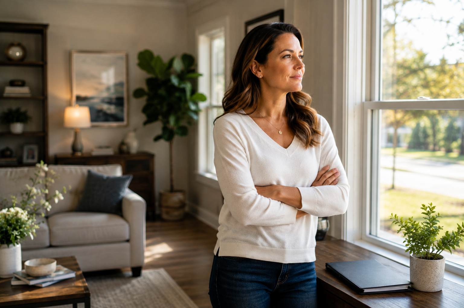 Woman calmly looking toward her future after making an organized divorce plan