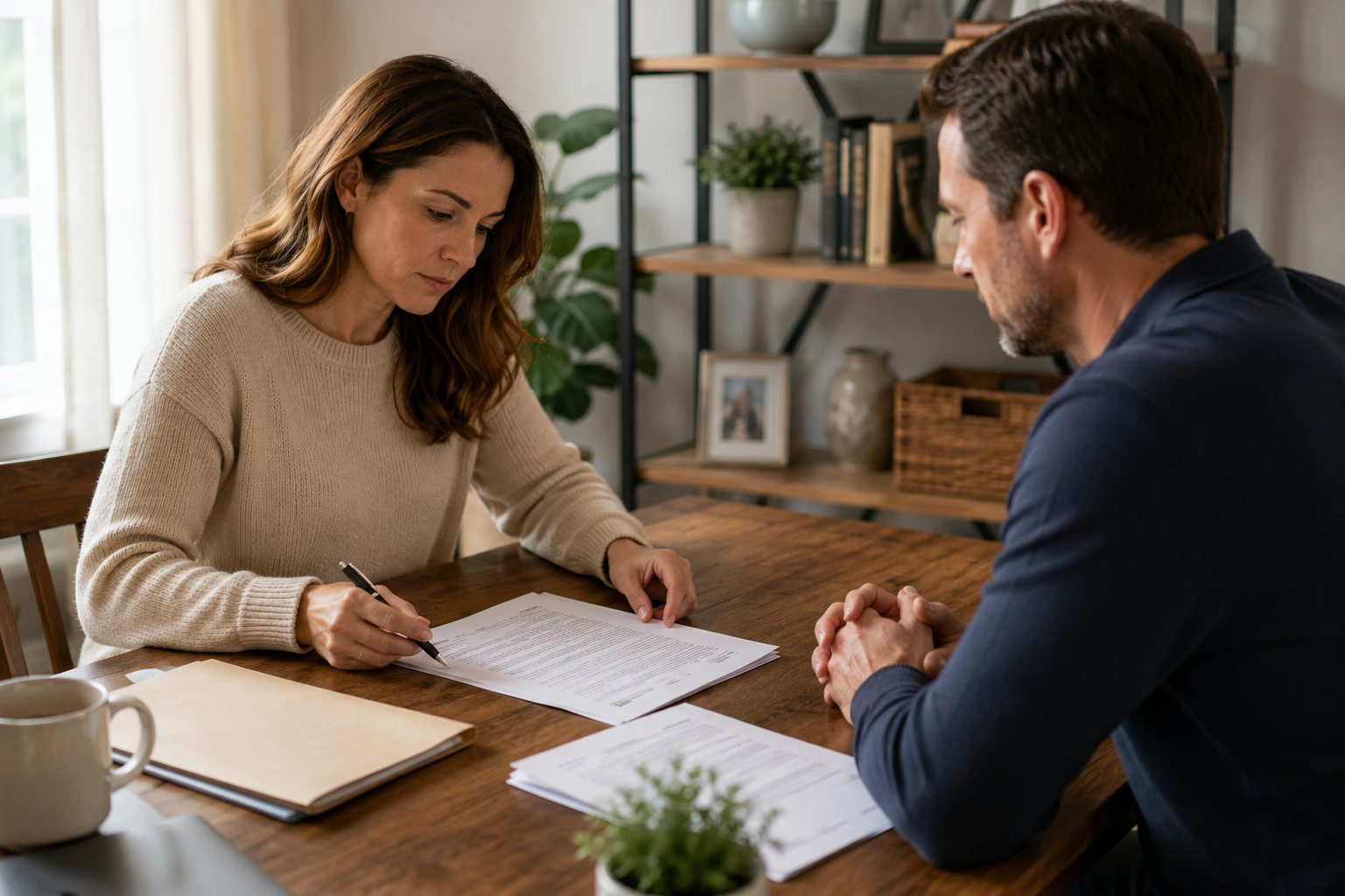 Parent carefully reviewing documents during a cooperative divorce