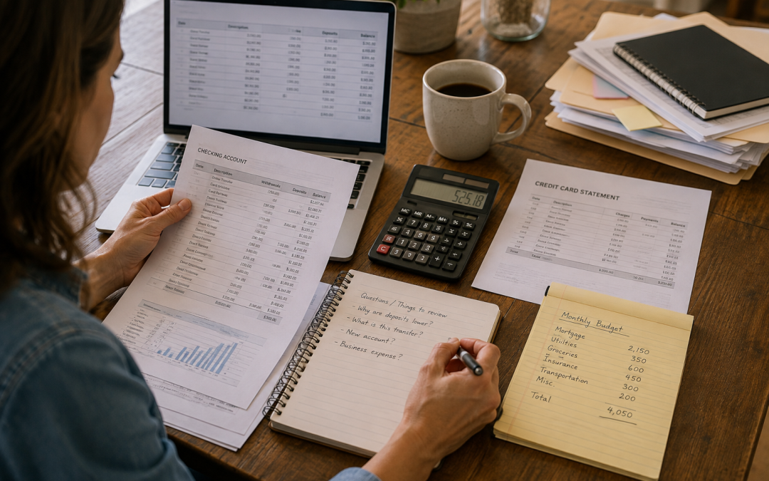 Person reviewing printed financial statements on a wooden desk, with a laptop, calculator, coffee mug, and notebooks nearby.