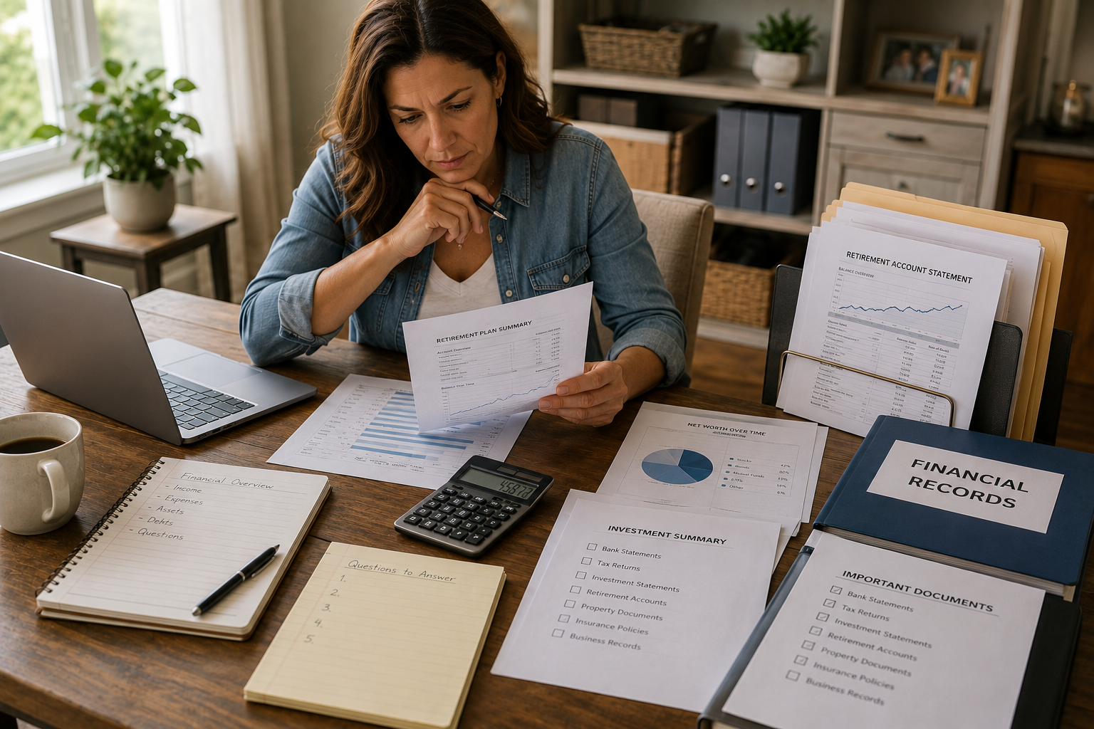 Spouse organizing household and business financial information before divorce