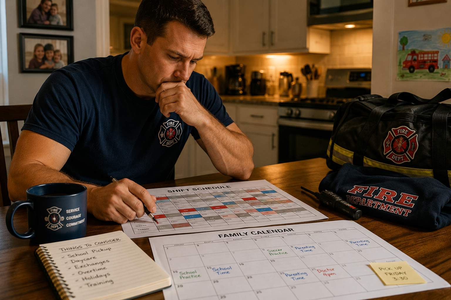 Firefighter reviewing a rotating work schedule while considering child custody