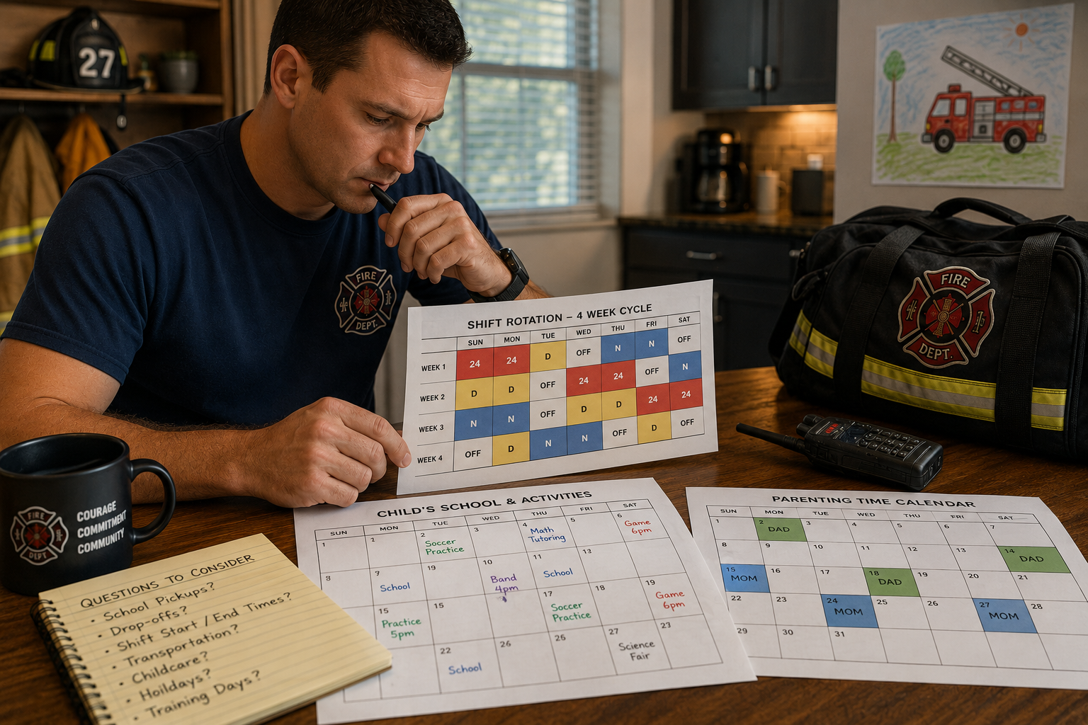 Firefighter comparing rotating shifts with a Texas child custody schedule