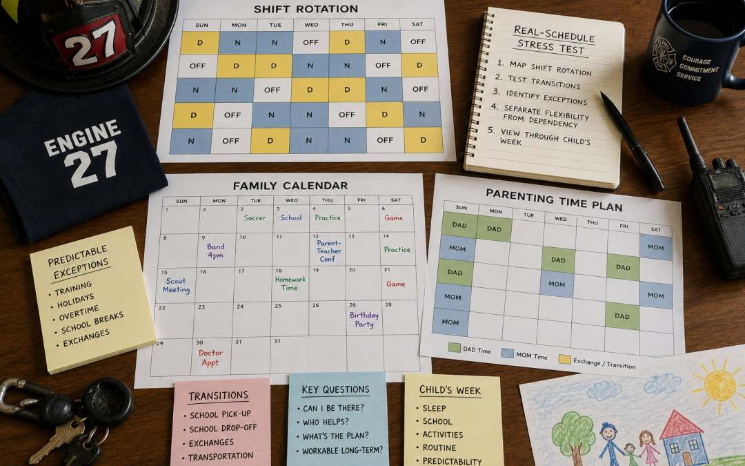 Organization scene with calendars and notes on a wooden desk showing family schedule and shift rotation PDFs.